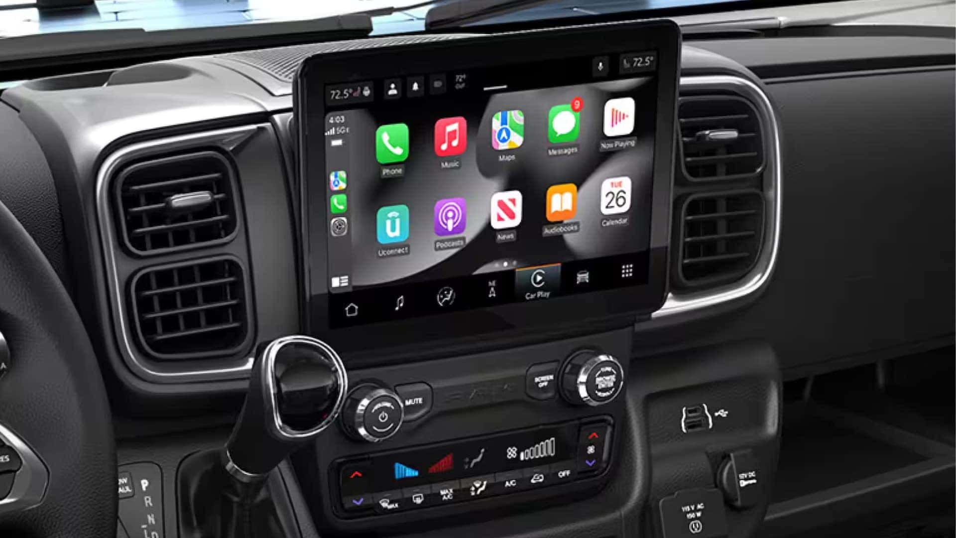 10.1-inch Uconnect touchscreen in 2026 RAM ProMaster Cargo Van showing Apple CarPlay apps and infotainment interface