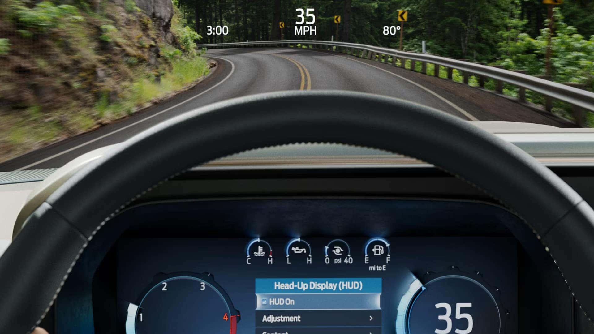 Head up display in the 2026 Ford F-350 Super Duty showing speed and navigation information projected onto the windshield while driving