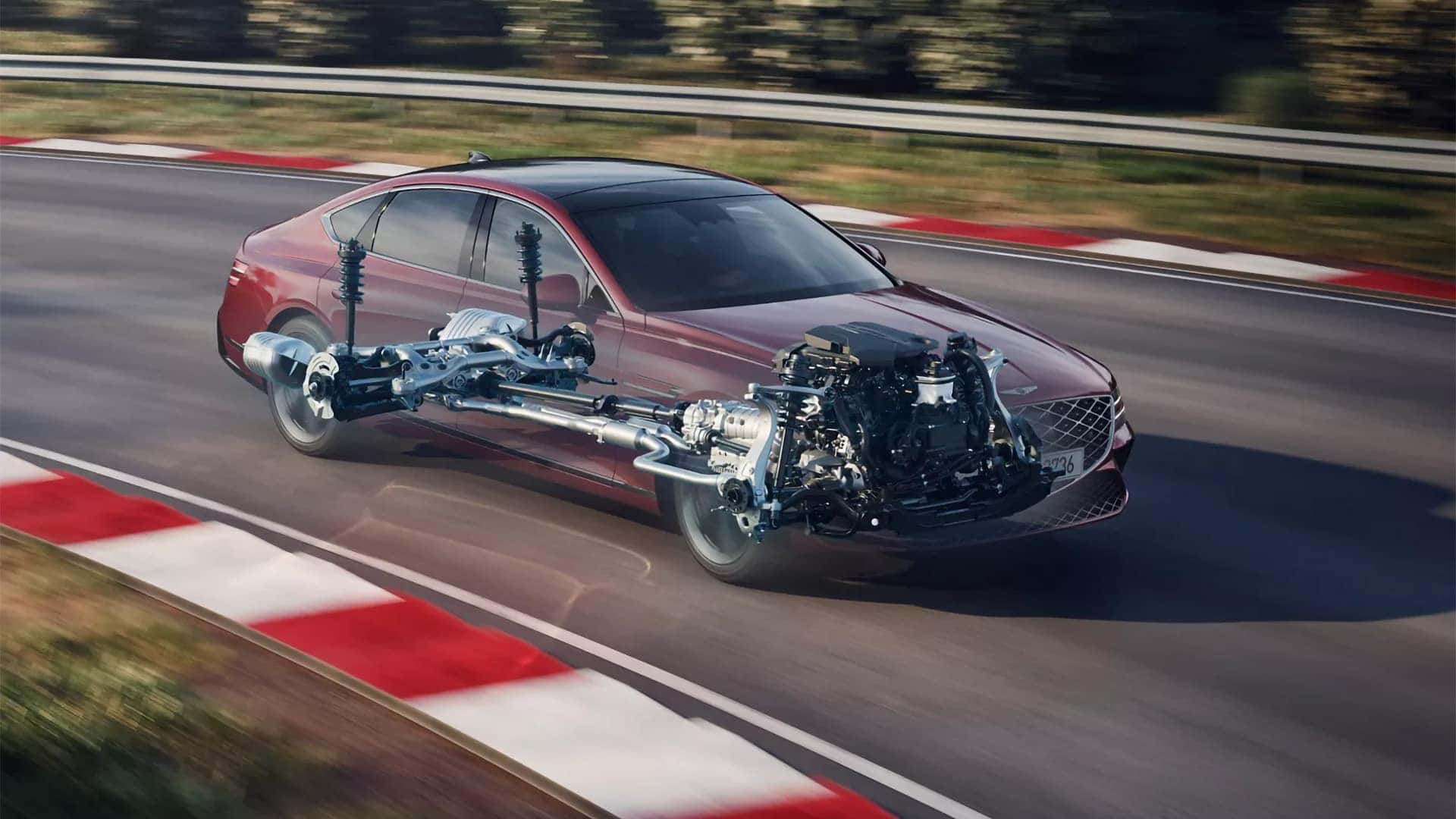 2026 Genesis G80 chassis and engine components shown while driving, highlighting performance engineering