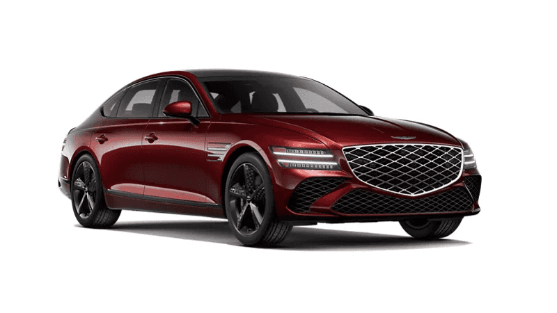 2026 Genesis G80 3.5T Sport Prestige sedan in red, front three quarter view