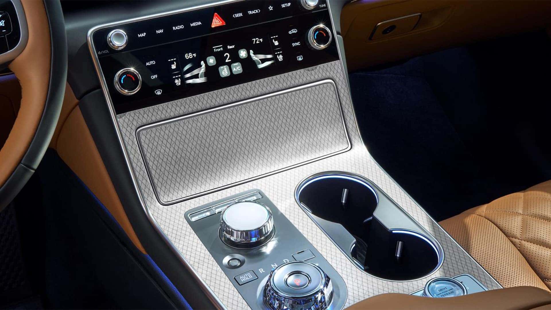 2026 Genesis GV80 center console with climate controls, premium materials, and luxury cabin technology