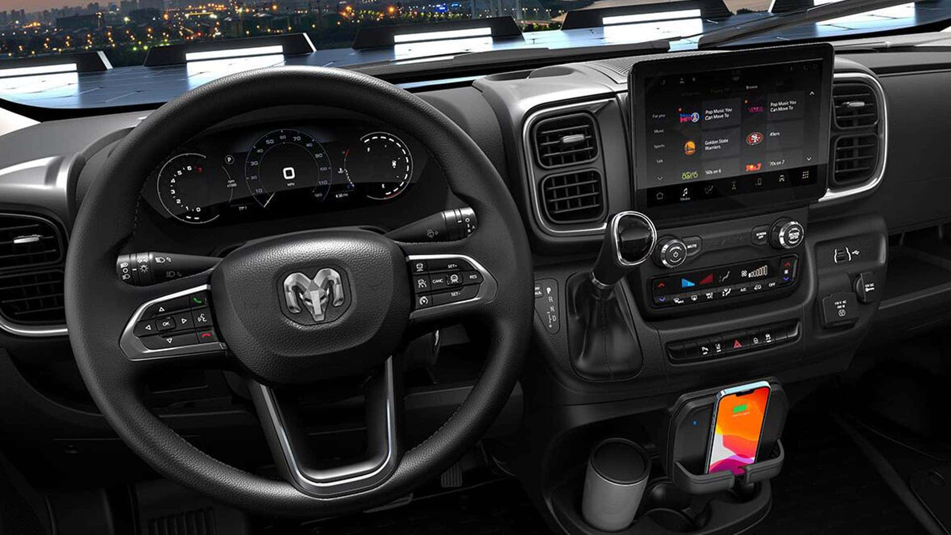 2026 RAM ProMaster Cargo Van dashboard with touchscreen, steering wheel, and digital display