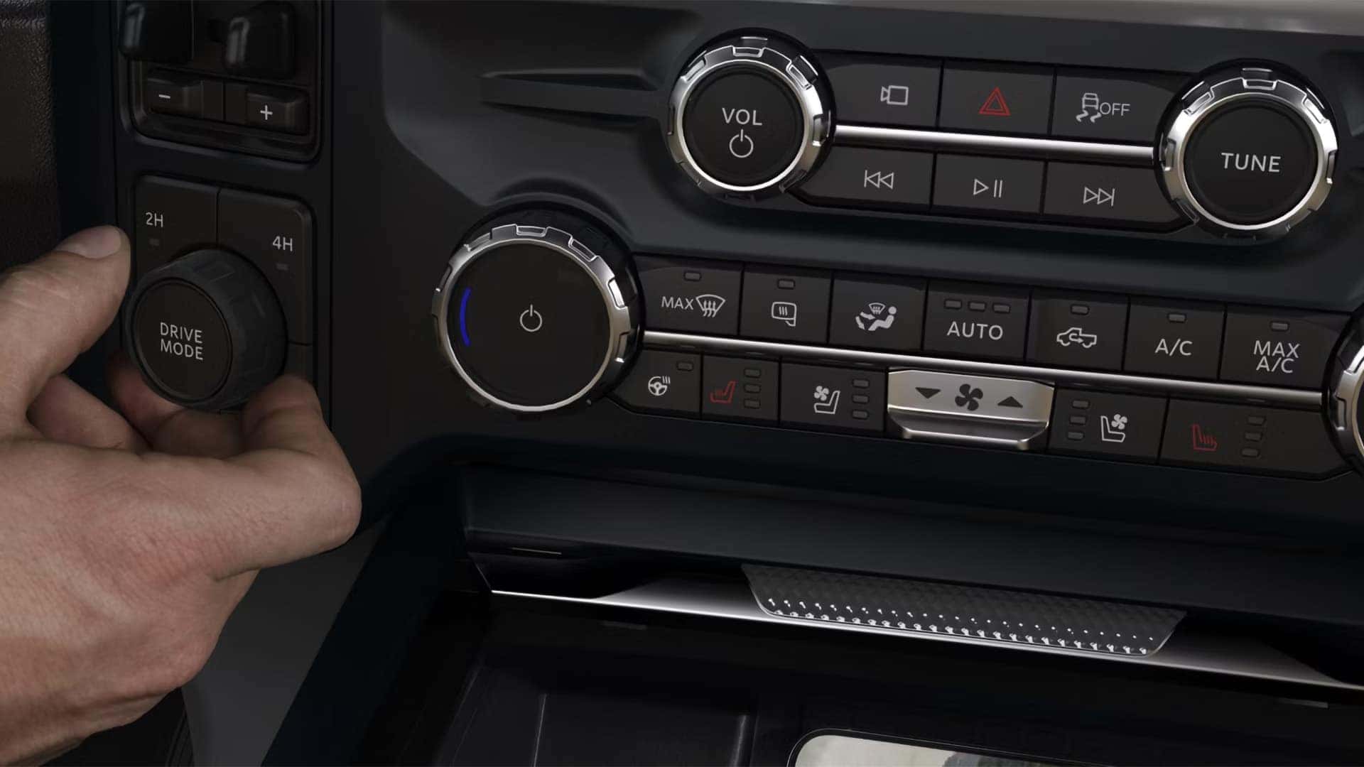 Close up of climate and drive mode controls in the 2026 Ford F-350 Super Duty center stack