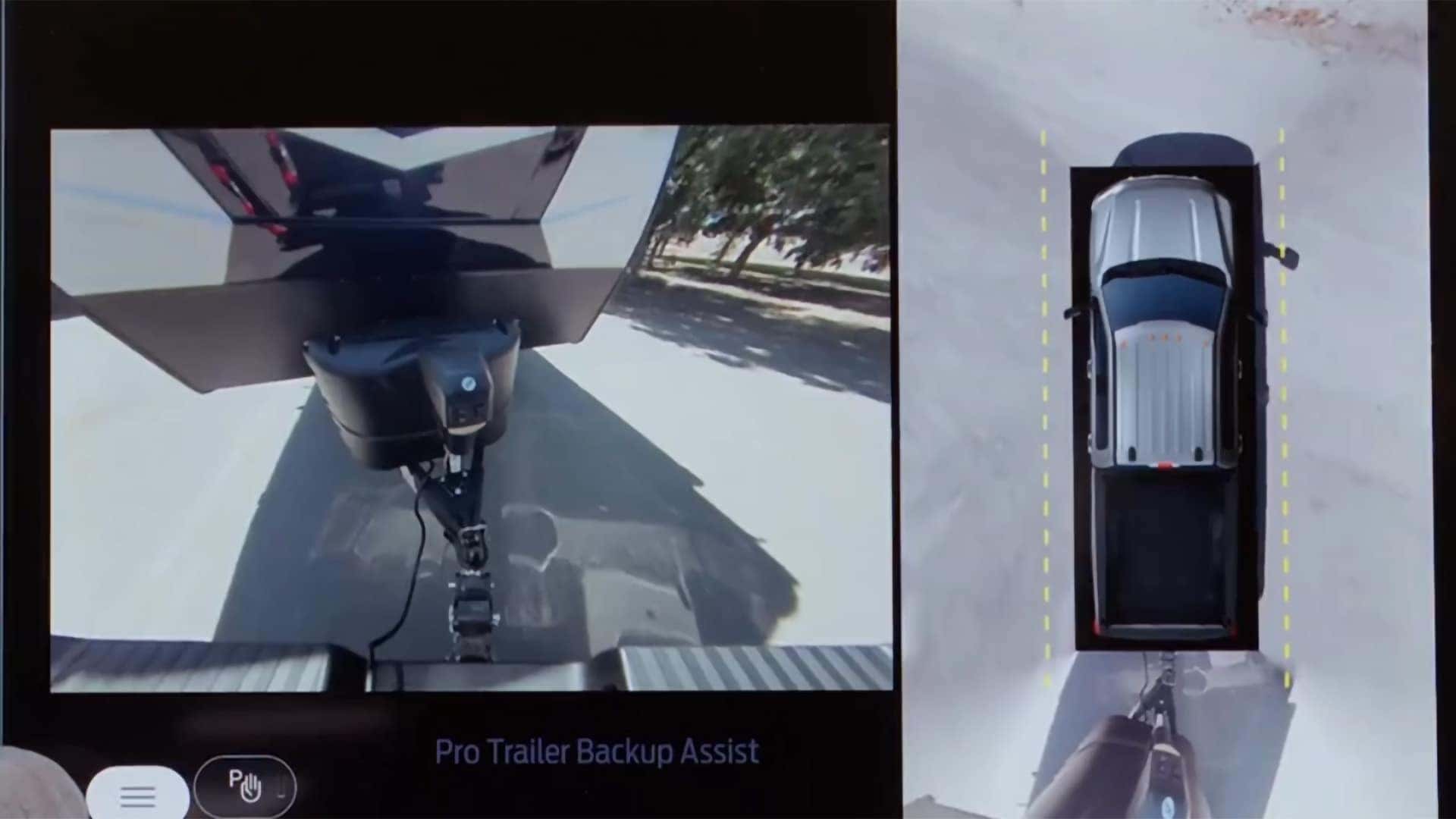 Pro Trailer Backup Assist view in the 2026 Ford F-350 Super Duty showing trailer alignment and overhead camera perspective