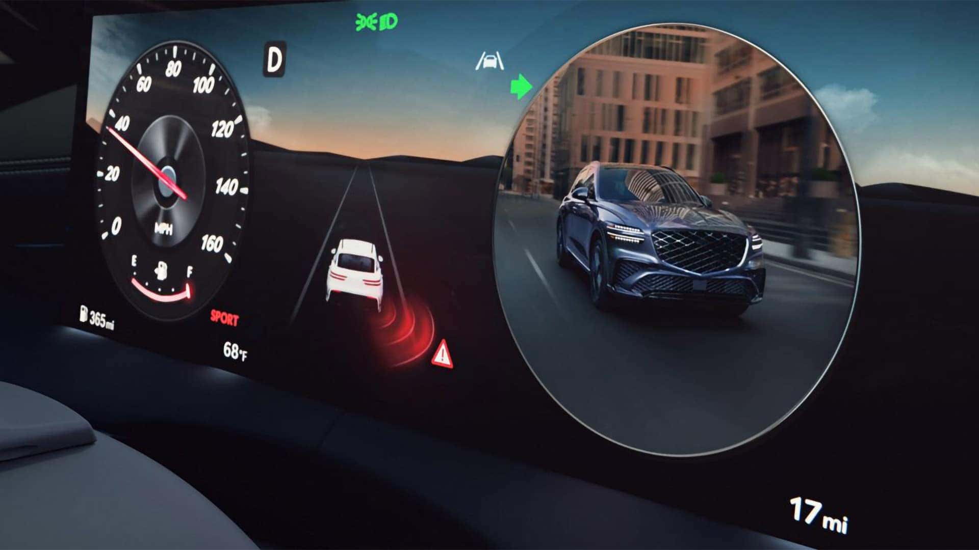 2026 Genesis GV70 digital display showing blind spot monitoring system with live camera view