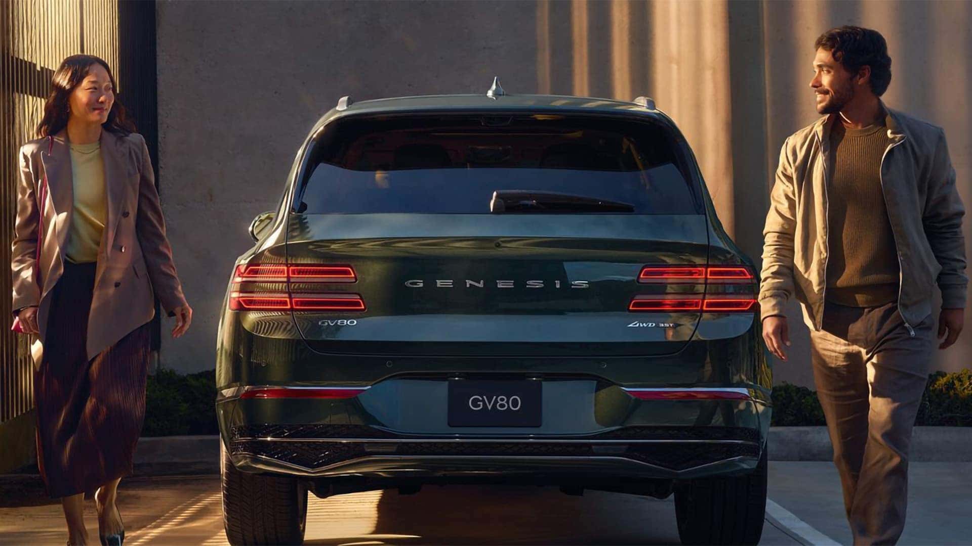 Rear view of 2026 Genesis GV80 showing LED taillights, Genesis badge, and wide luxury SUV stance