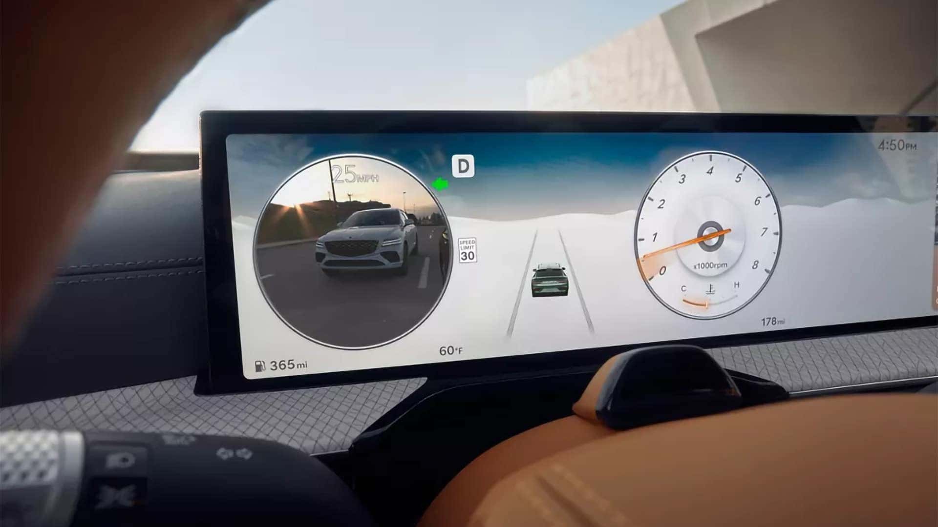 2026 Genesis GV80 Blind-Spot View Monitor displayed in the digital instrument cluster