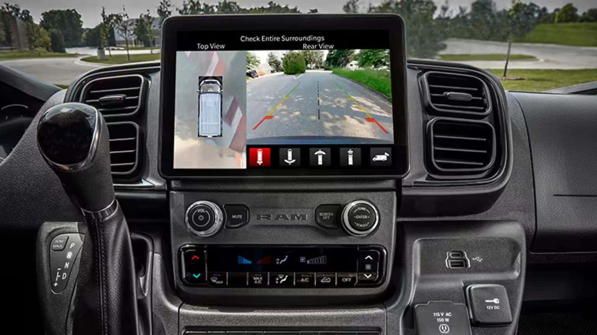 Uconnect screen in 2026 RAM ProMaster Cargo Van displaying 360-degree surround view camera and rear backup camera