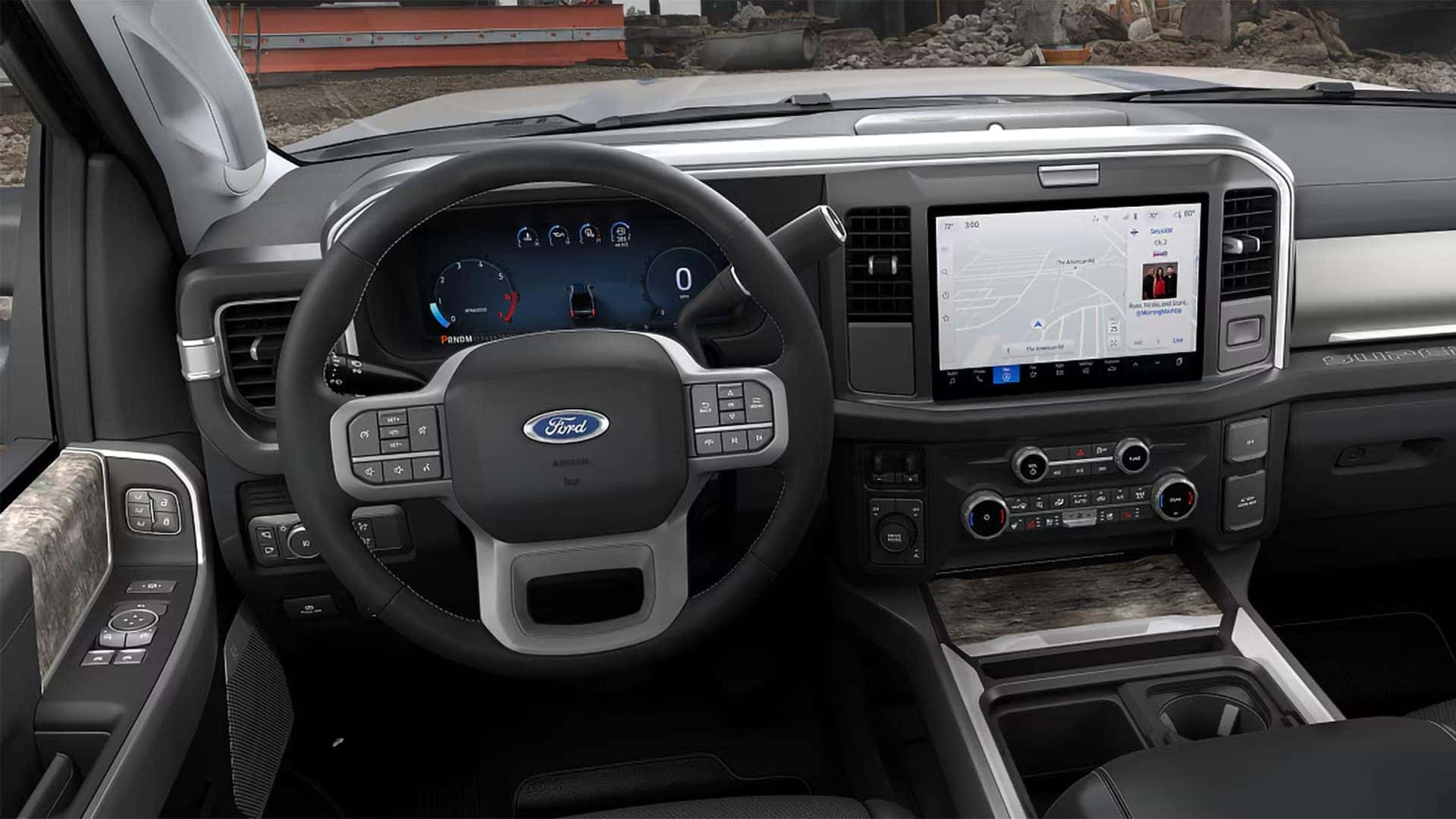 Interior view of the 2026 Ford F-350 Super Duty highlighting digital gauges, steering wheel controls, and center touchscreen display