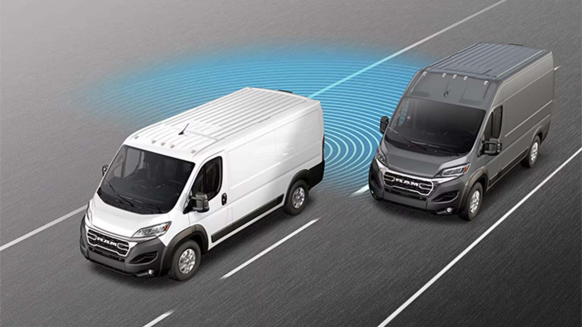 2026 RAM ProMaster Cargo Van safety graphic showing driver assist technology on the road