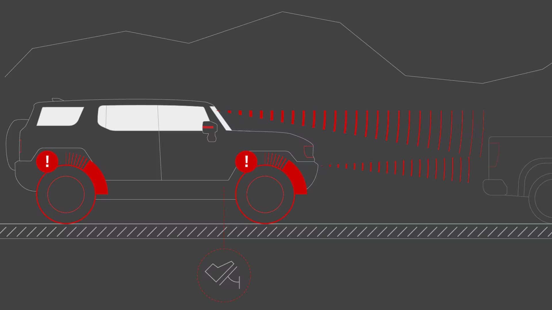 Driver assistance graphic showing 2026 GMC HUMMER EV SUV sensors detecting a vehicle ahead for collision warning