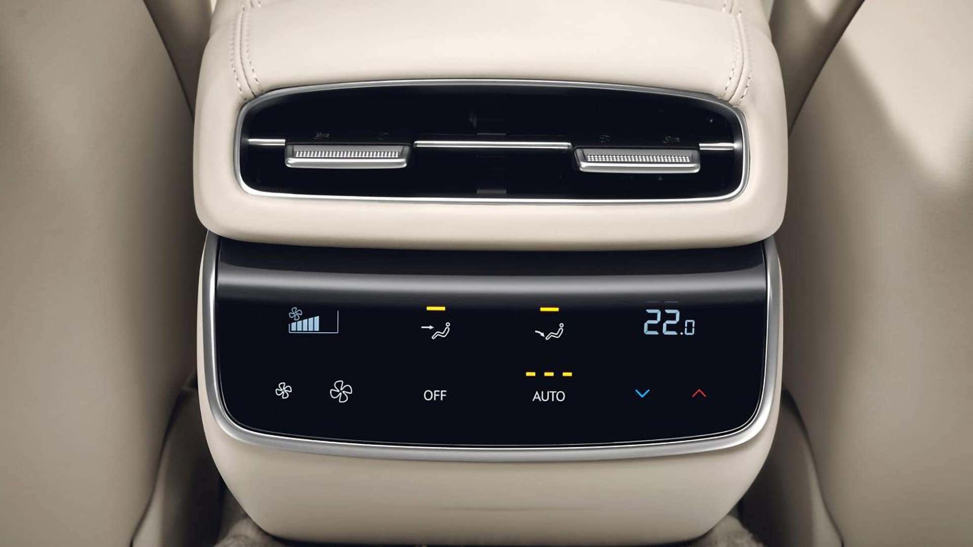 2026 Genesis G80 rear climate control panel with digital temperature display and airflow settings