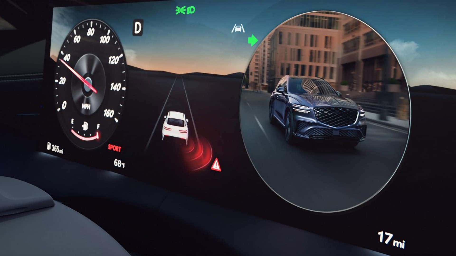 2026 Genesis GV70 Blind-Spot View Monitor showing a live side camera feed in the digital instrument display