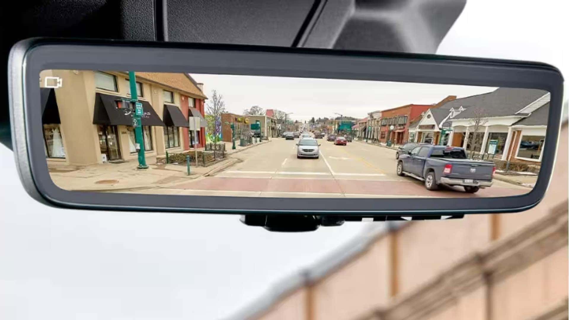 2026 RAM ProMaster rearview mirror display showing rear camera view for improved visibility while driving