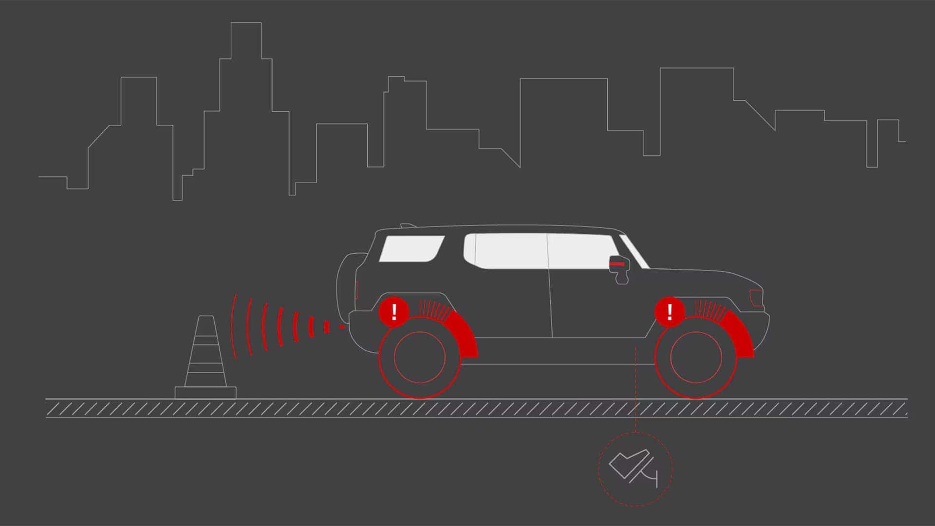 Diagram of 2026 GMC HUMMER EV SUV driver assistance system detecting obstacles behind the vehicle with sensor alerts