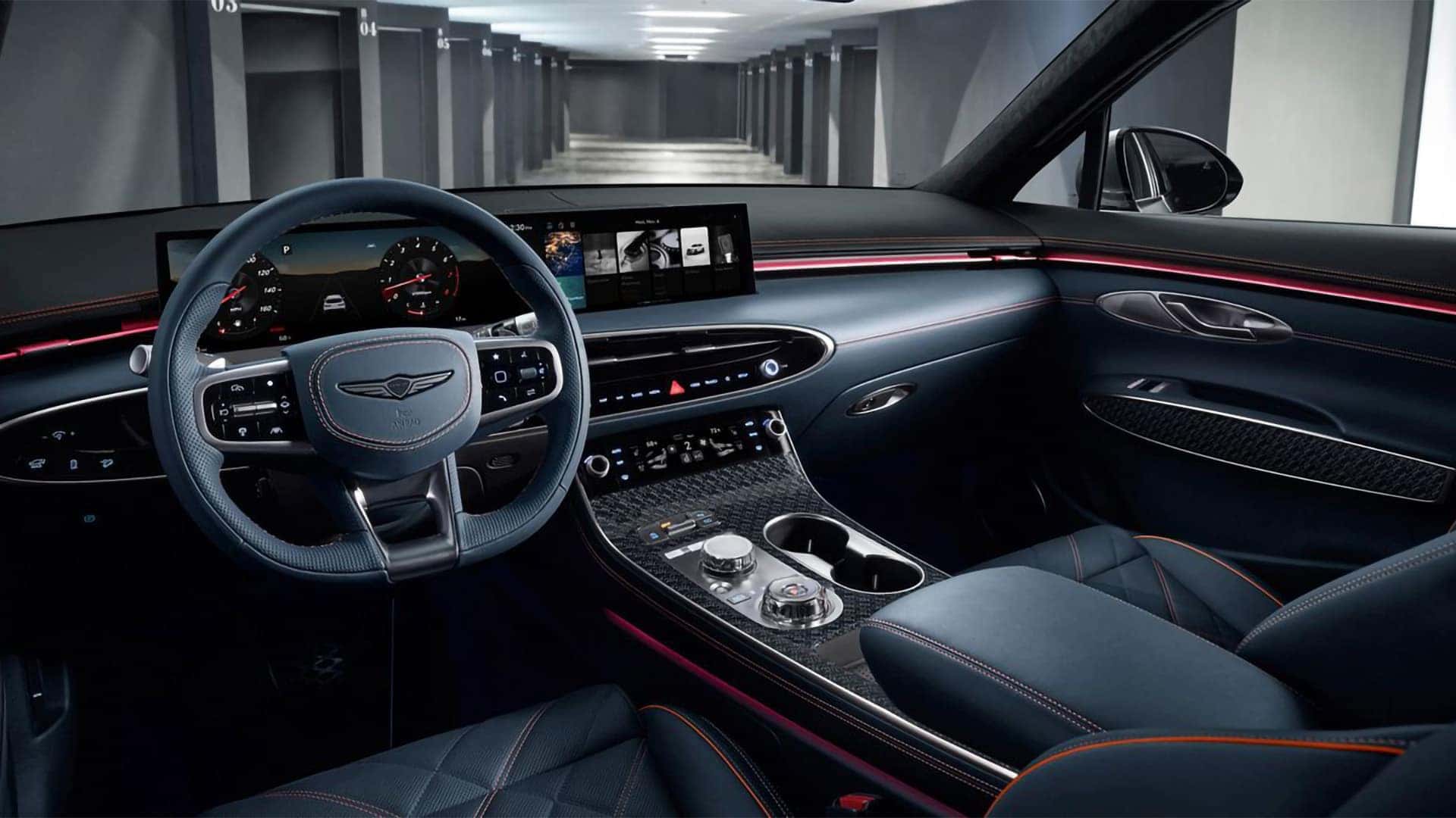 2026 Genesis GV70 interior overview with ambient lighting, OLED display, and premium sport design elements
