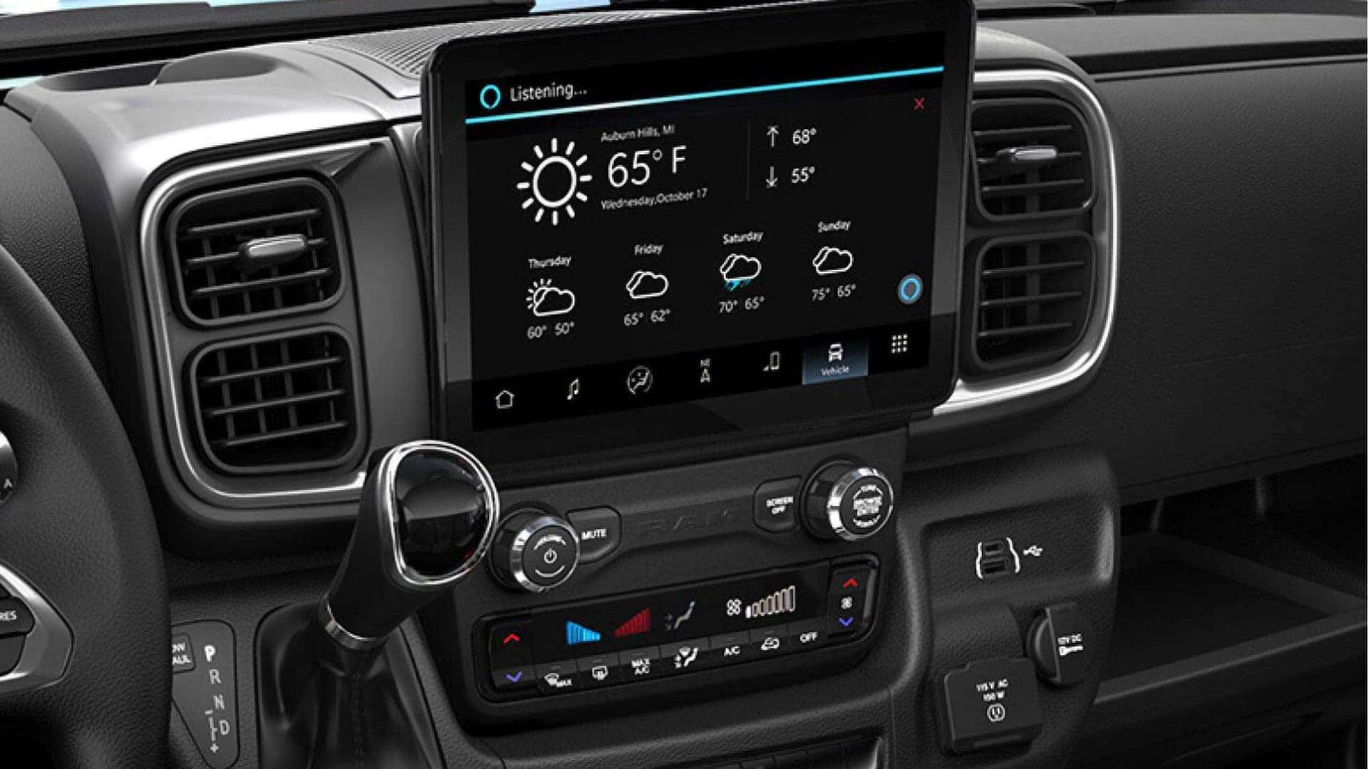 Interior view of 2026 RAM ProMaster Cargo Van showing steering wheel, digital display, and center infotainment system layout