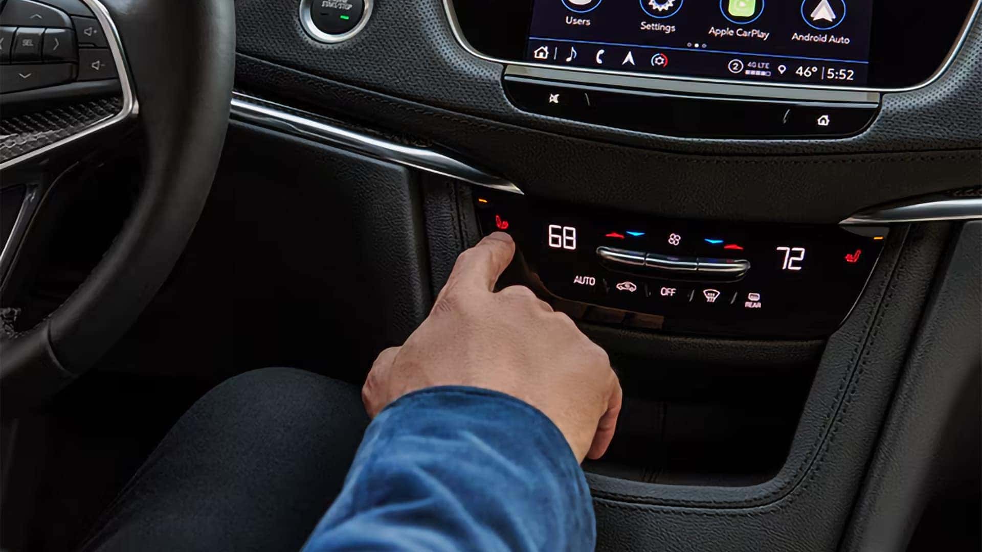 2026 Cadillac XT5 climate control panel with heated seat controls and infotainment screen above the center stack