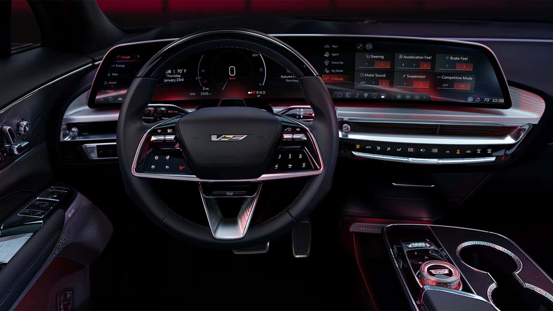 2026 Cadillac LYRIQ 33-inch curved LED display showing driver information, V Mode settings, and digital vehicle controls