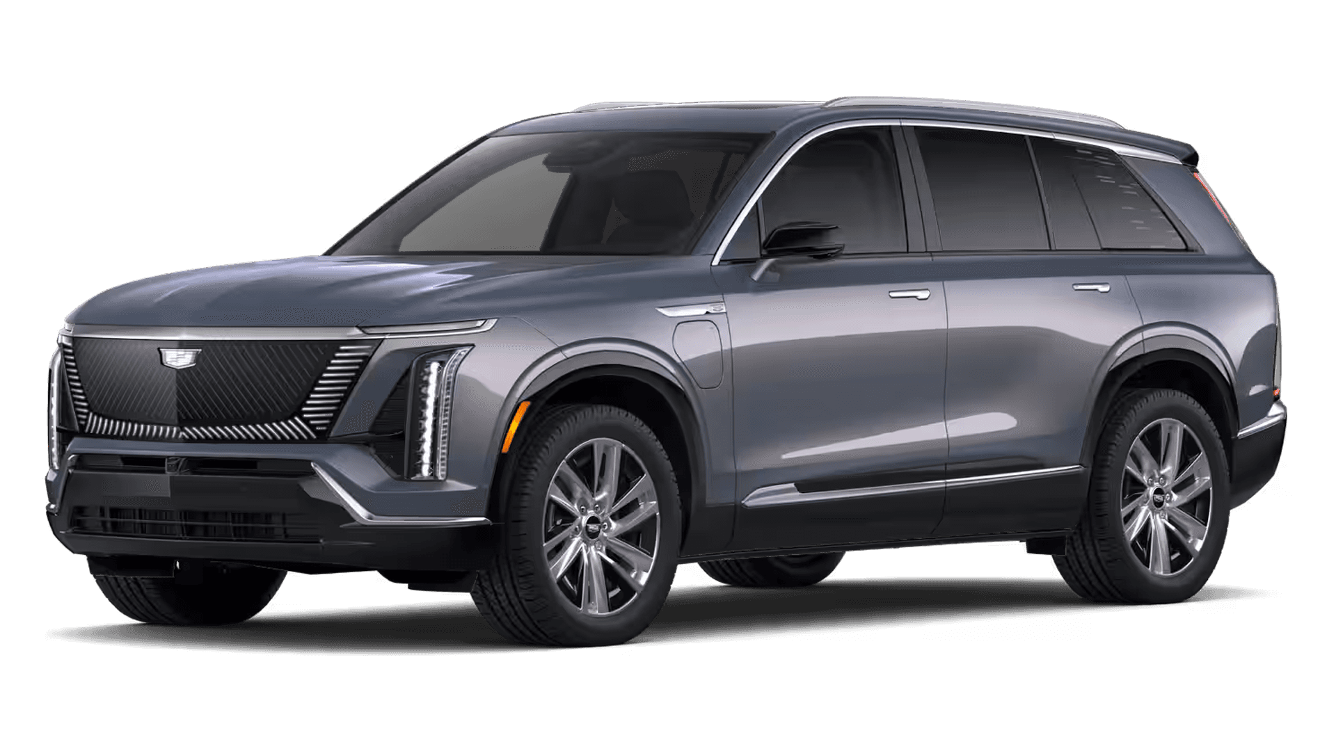 2026 Cadillac VISTIQ Luxury electric three row SUV in gray shown from the front side
