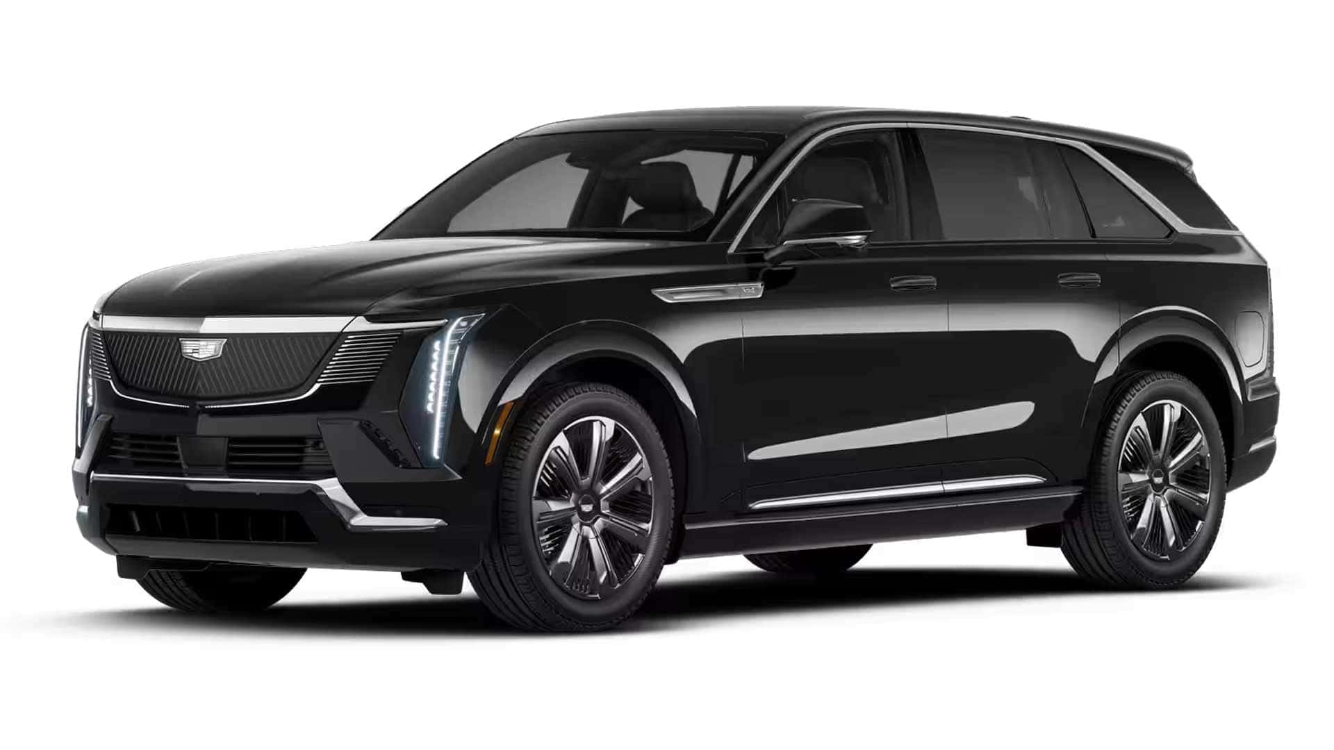 Black Cadillac Escalade IQ shown in three quarter front view on a white background with LED lighting and large wheels visible