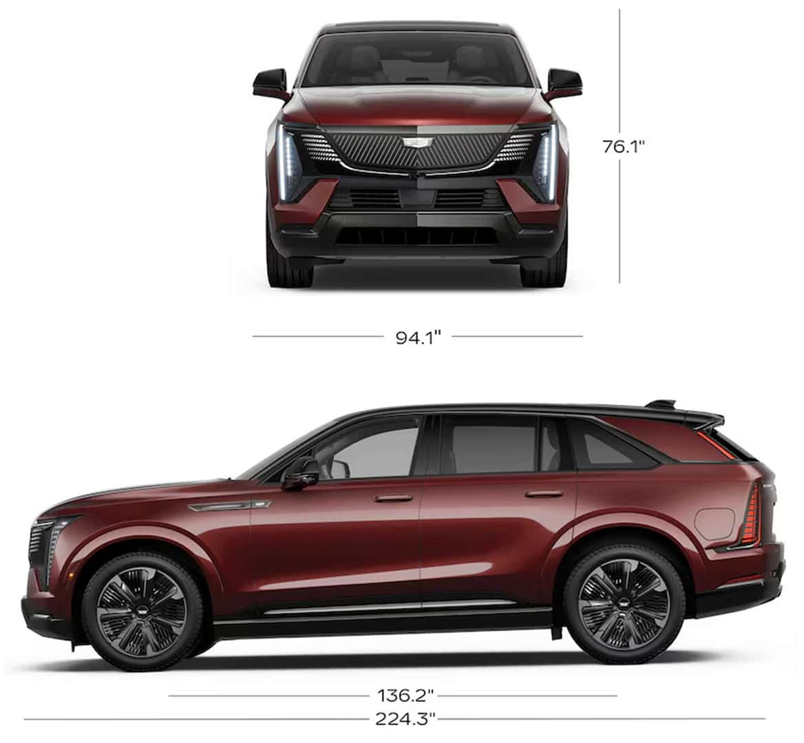 Front and side view diagram of red Escalade IQ with labeled dimensions on a white background