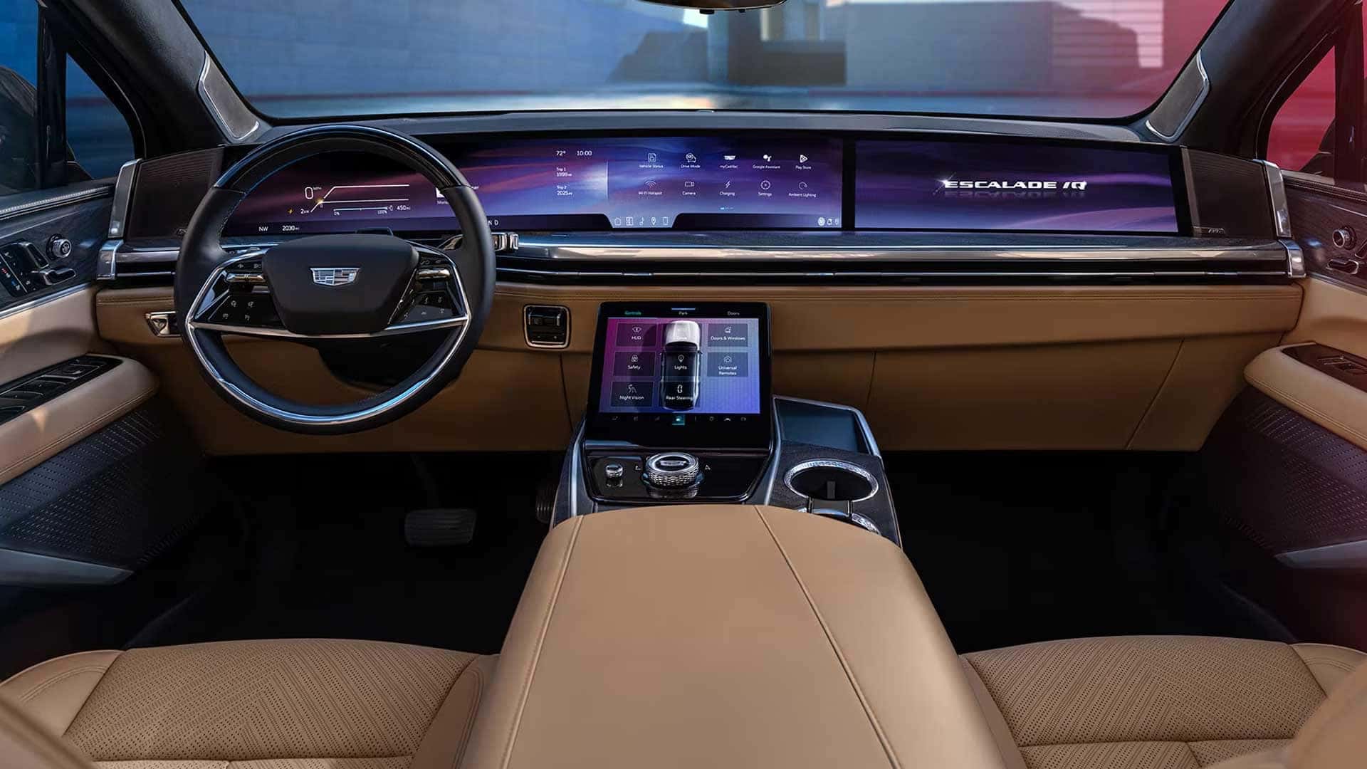 Cadillac Escalade IQ dashboard with steering wheel, wide display, and center touchscreen