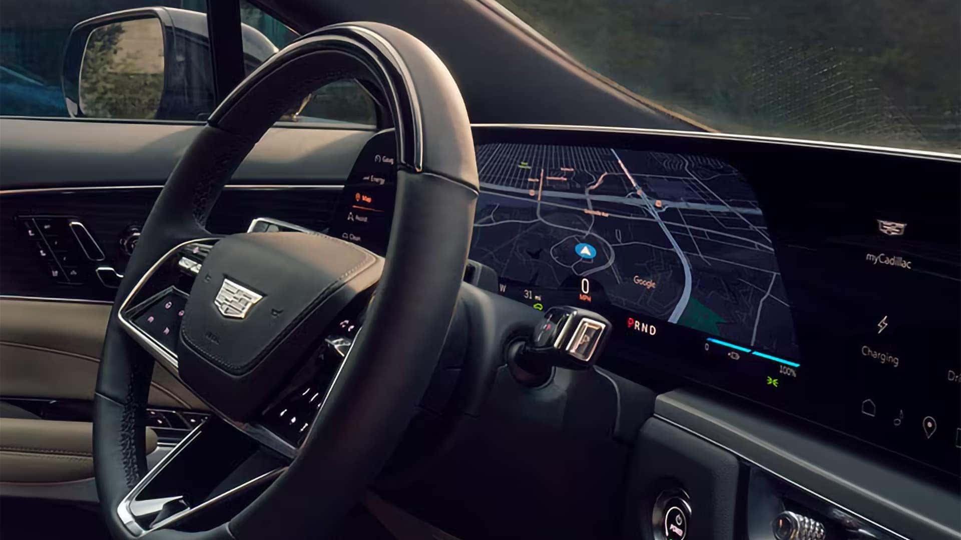 2026 Cadillac LYRIQ dashboard display showing Google Maps navigation and connected infotainment features