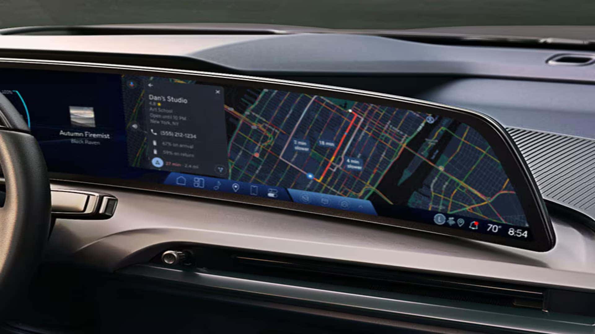 Close-up of the 2026 Cadillac VISTIQ 33-inch Horizon Display showing navigation and infotainment controls
