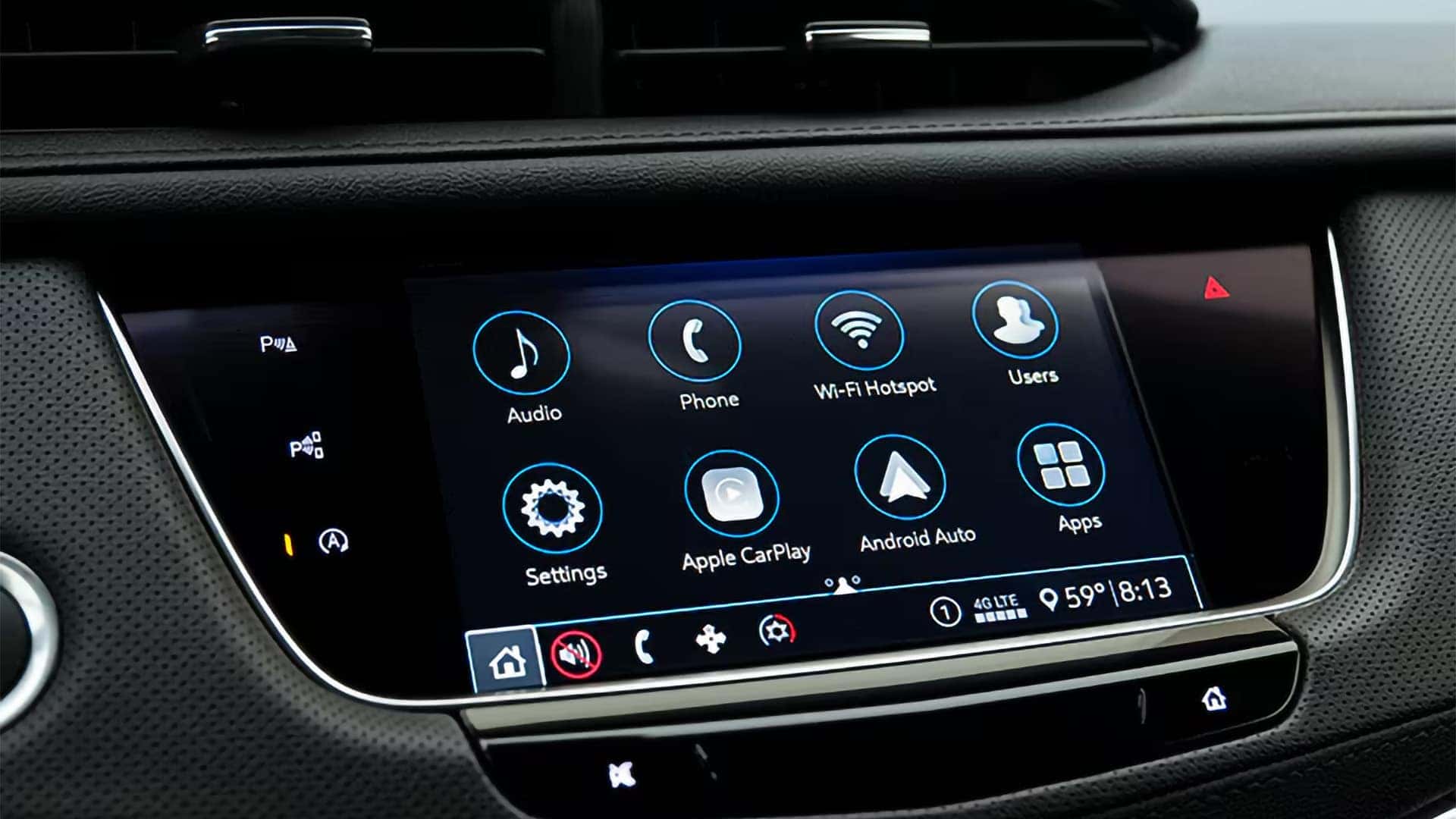 2026 Cadillac XT5 infotainment screen with audio, phone, Wi-Fi Hotspot, Apple CarPlay, Android Auto, and apps icons