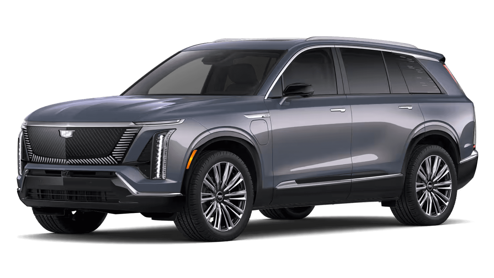 2026 Cadillac VISTIQ Premium Luxury electric SUV in gray shown from the front three quarter view