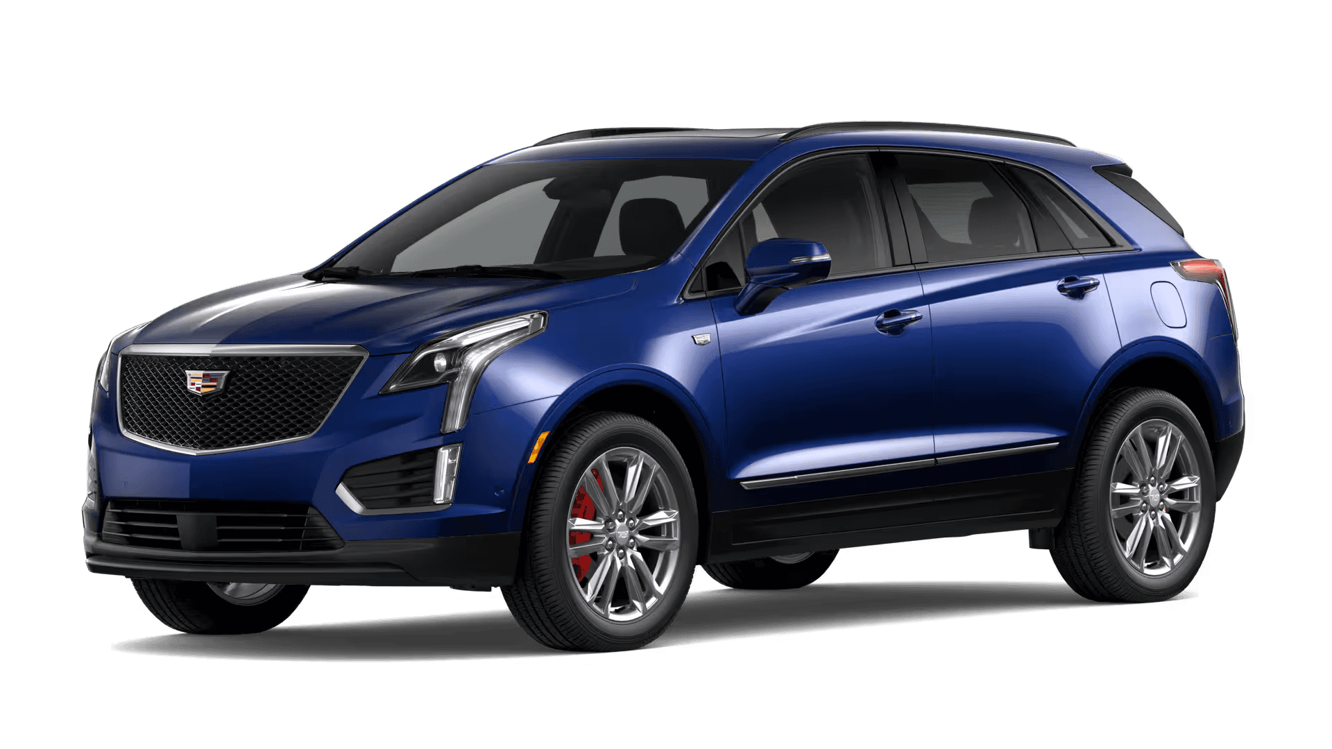 Blue 2026 Cadillac XT5 Sport SUV, front three quarter exterior view