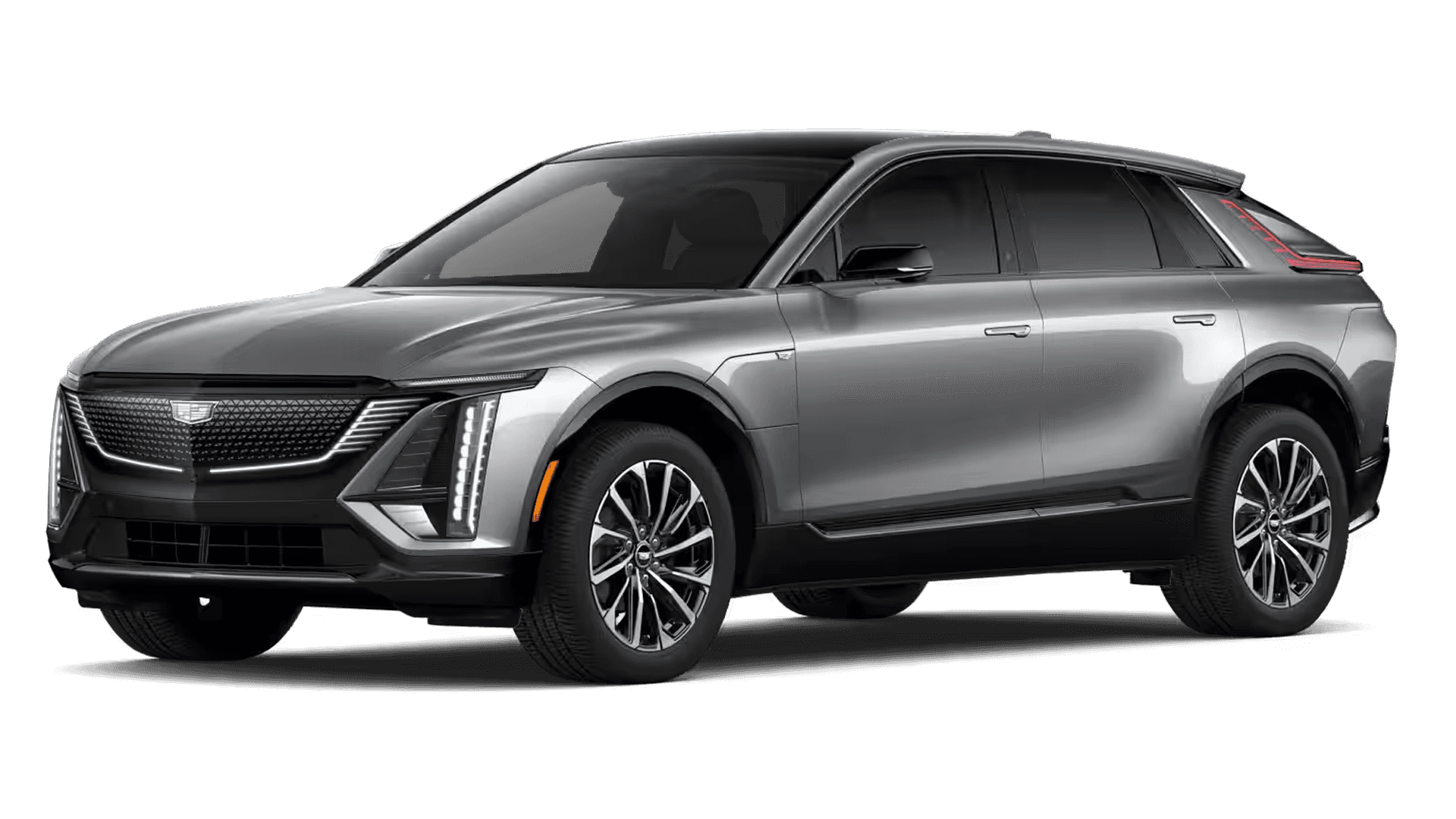 2026 Cadillac LYRIQ Premium Sport electric SUV in gray with sport exterior details, front three quarter view