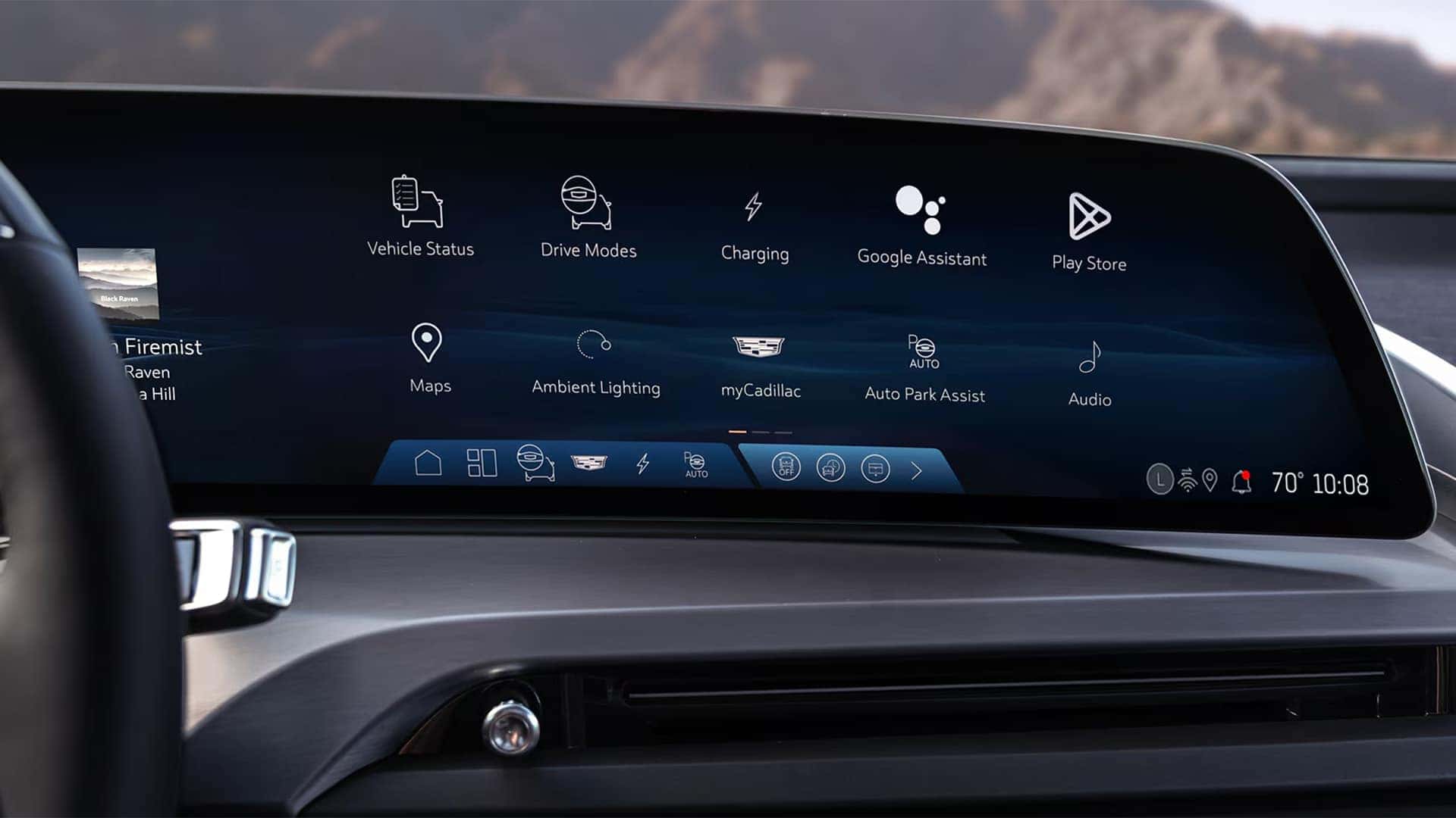 2026 Cadillac VISTIQ 33 inch curved display showing vehicle status, charging, Google Assistant, maps, audio, and apps