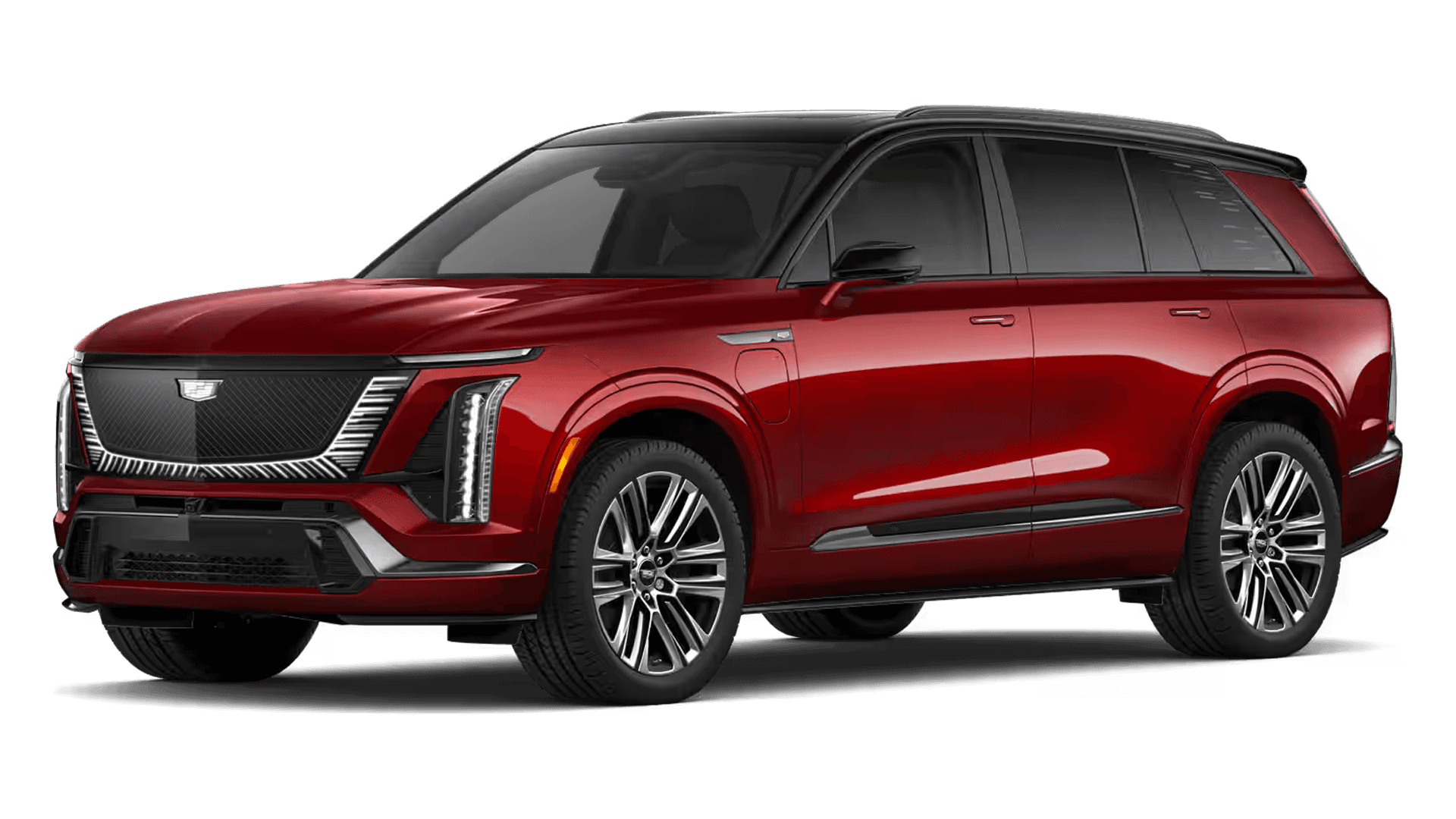 2026 Cadillac VISTIQ Platinum electric luxury SUV in red with black roof and premium wheel design