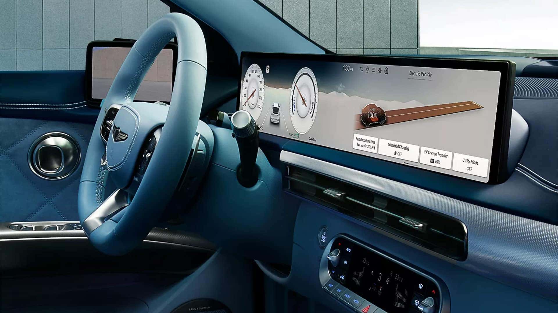 2026 Genesis GV60 dashboard with wide digital display showing electric vehicle charging and range information