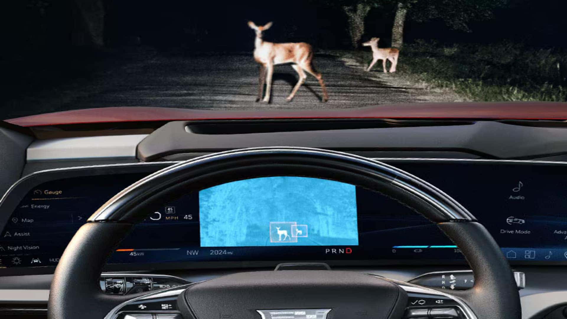2026 Cadillac VISTIQ Night Vision display showing detected deer ahead on a dark road