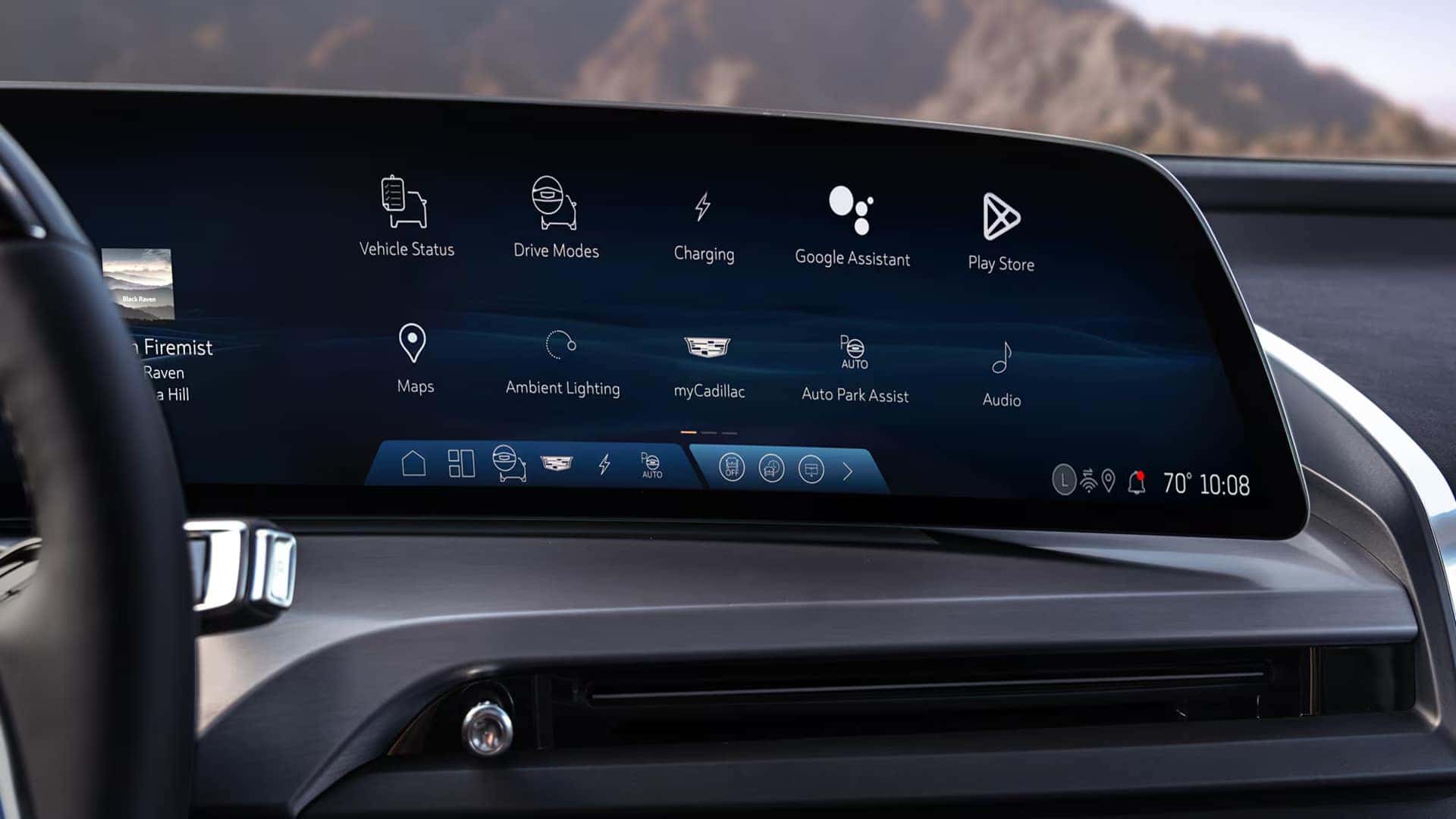 2026 Cadillac VISTIQ infotainment display with Google Assistant, Maps, charging, audio, and vehicle status apps
