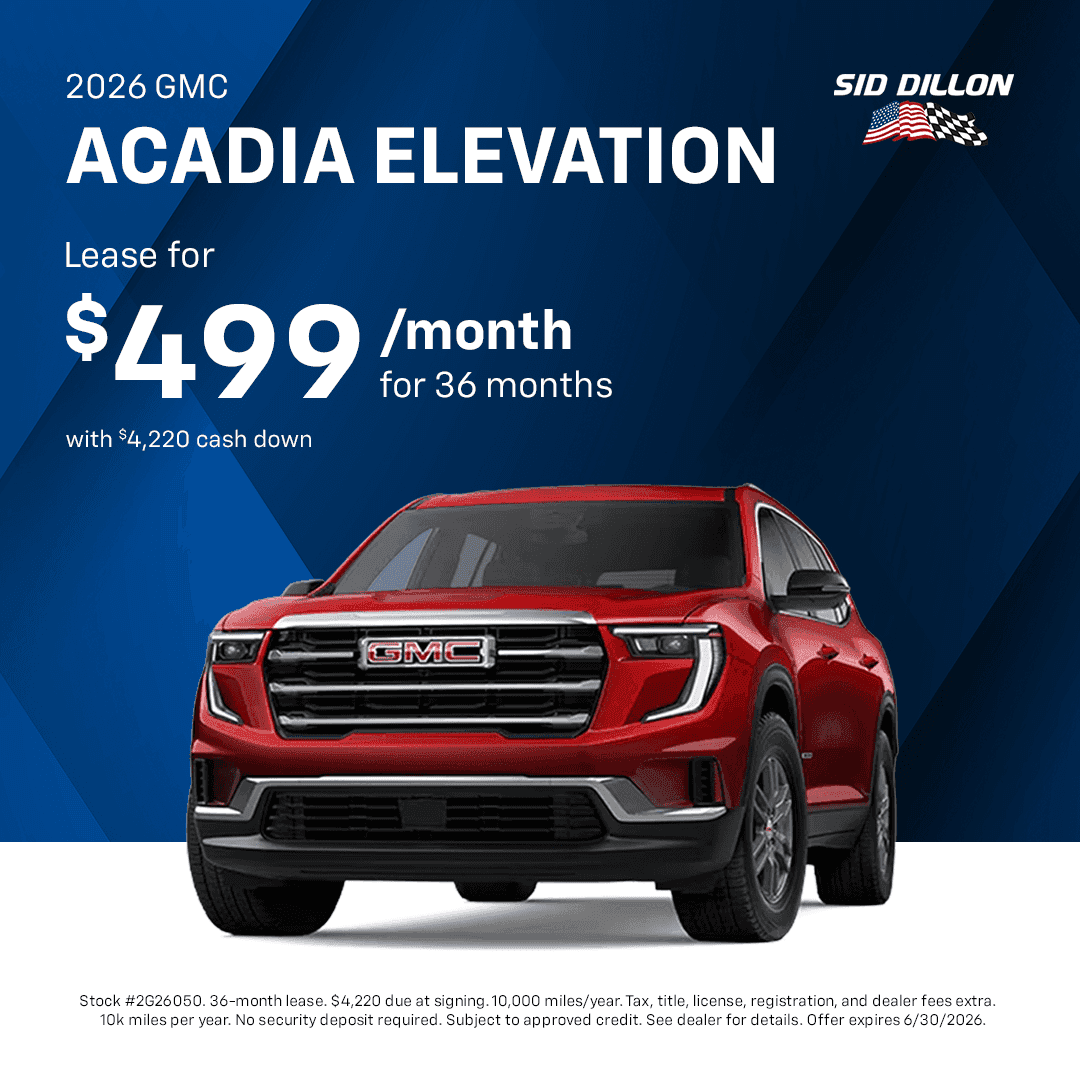 GMC of Fremont June offer on a 2026 GMC Acadia Elevation lease for $499 per month for 36 months with $4,220 cash down
