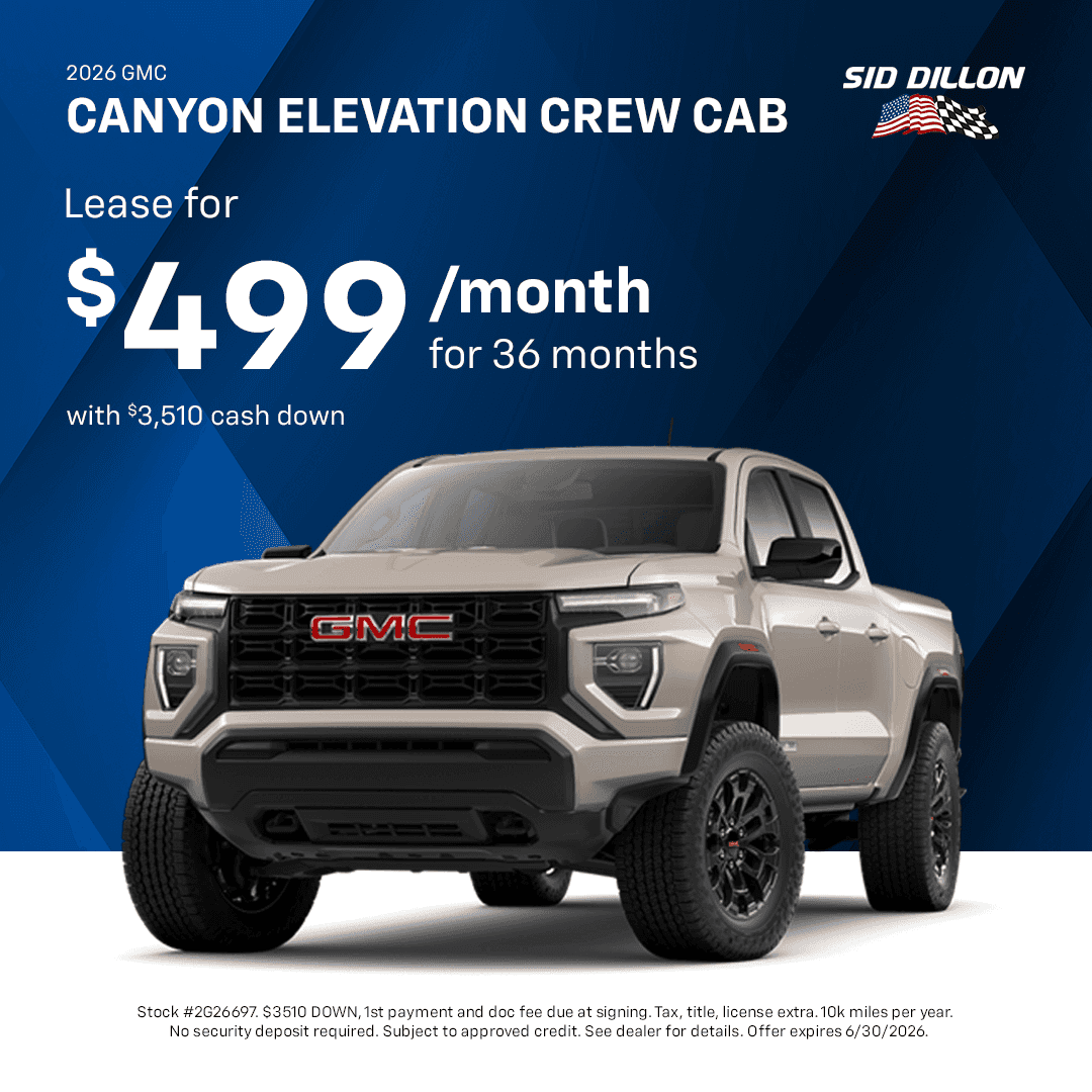GMC of Fremont June offer on a 2026 GMC Canyon Elevation Crew Cab lease for $499 per month for 36 months with $3,510 cash down