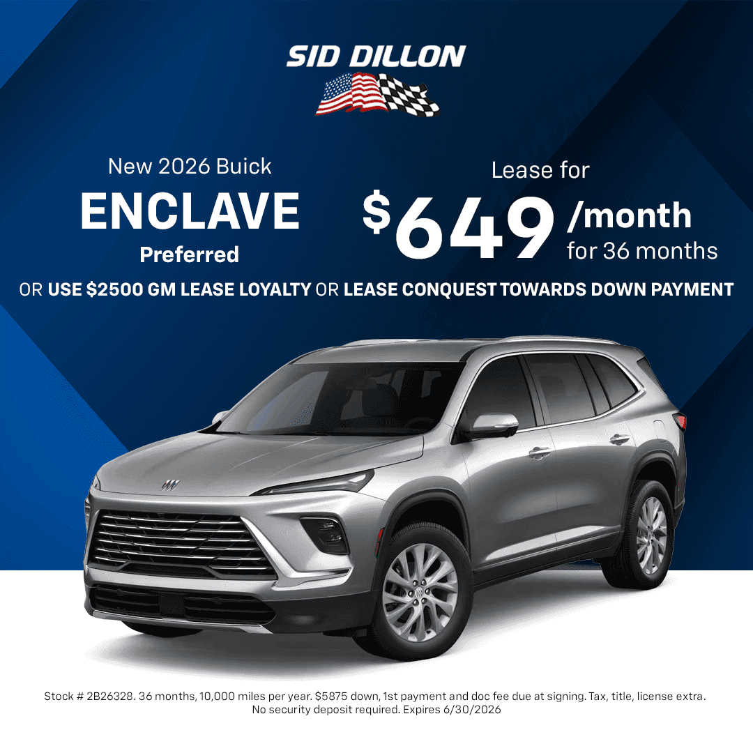 June lease offer for a new 2026 Buick Enclave Preferred at Sid Dillon Buick GMC of Fremont for $649 per month for 36 months