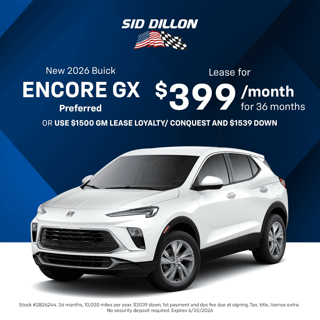 June lease offer for a new 2026 Buick Encore GX Preferred at Sid Dillon Buick GMC of Fremont for $399 per month for 36 months