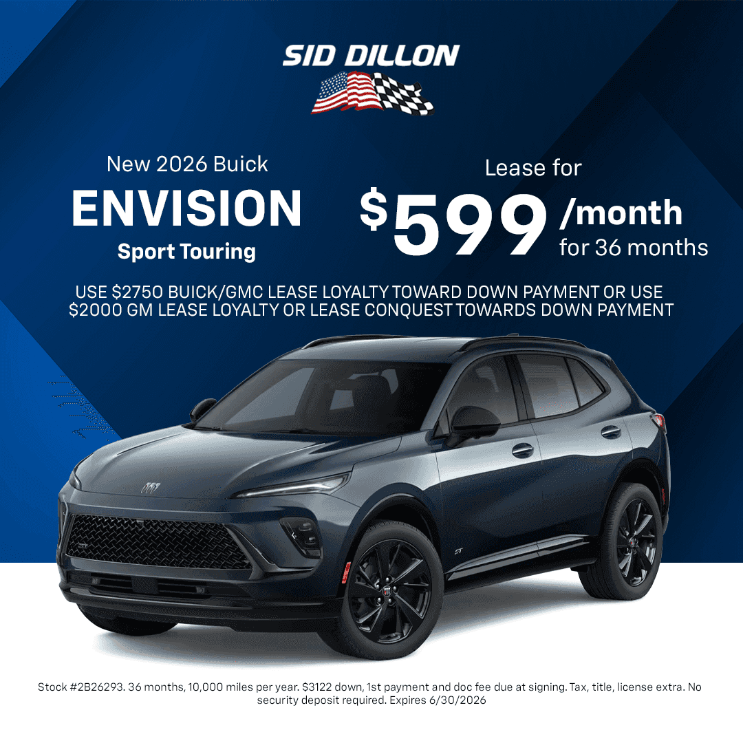 June lease offer for a new 2026 Buick Envision Sport Touring at Sid Dillon Buick GMC of Fremont for $599 per month for 36 months