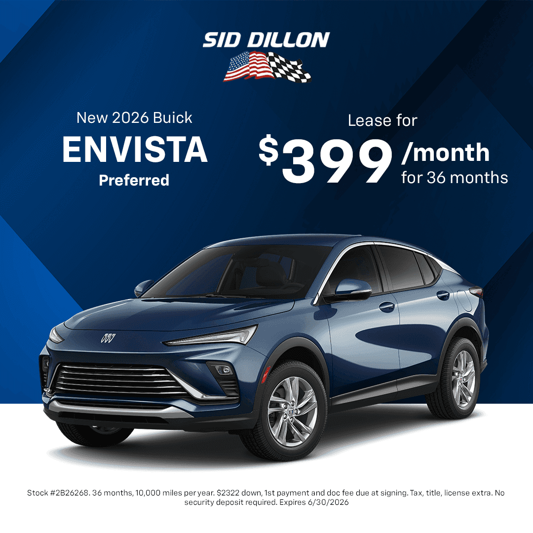 June lease offer for a new 2026 Buick Envista Preferred at Sid Dillon Buick GMC of Fremont for $399 per month for 36 months