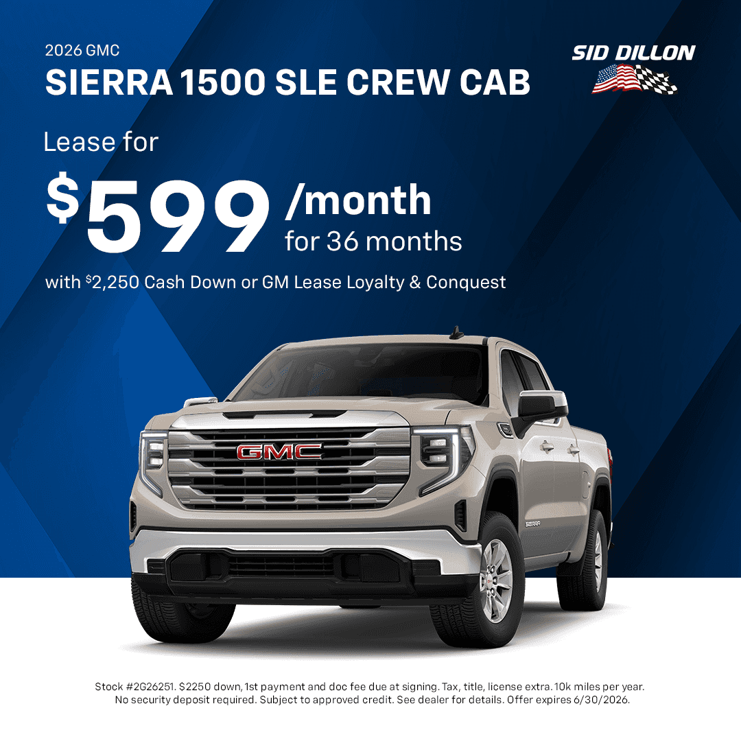 GMC of Fremont June offer on a 2026 GMC Sierra 1500 SLE Crew Cab lease for $599 per month for 36 months with $2,250 cash down or GM lease loyalty and conquest