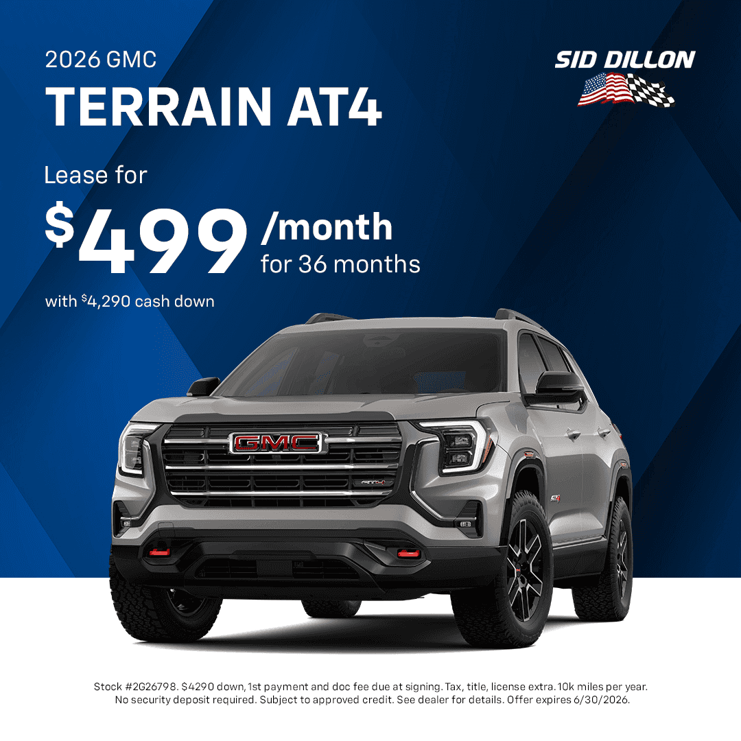 GMC of Fremont June offer on a 2026 GMC Terrain AT4 lease for $499 per month for 36 months with $4,290 cash down