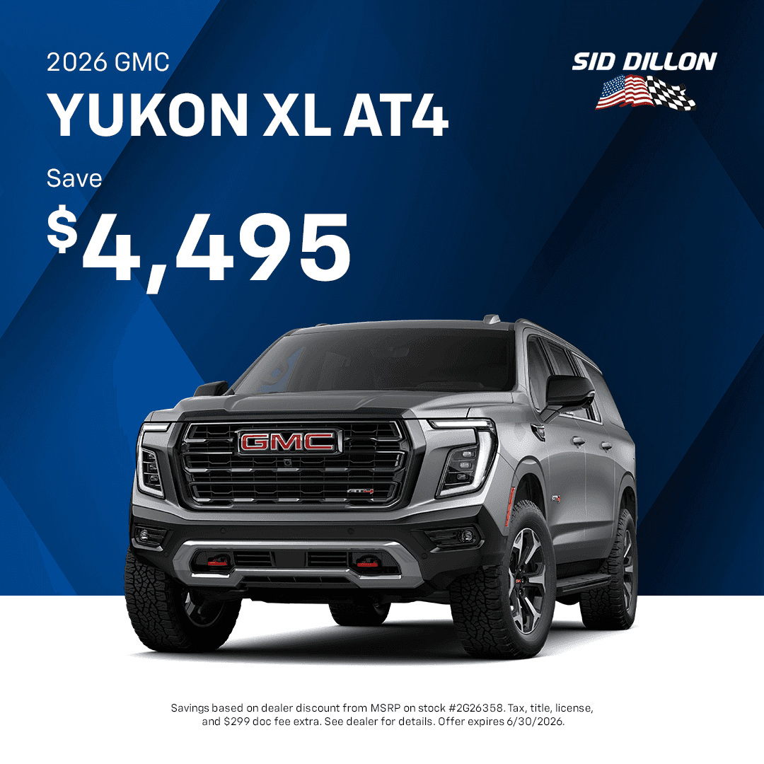 GMC of Fremont June offer on a 2026 GMC Yukon XL AT4 with savings of $4,495 on stock number 2G26358