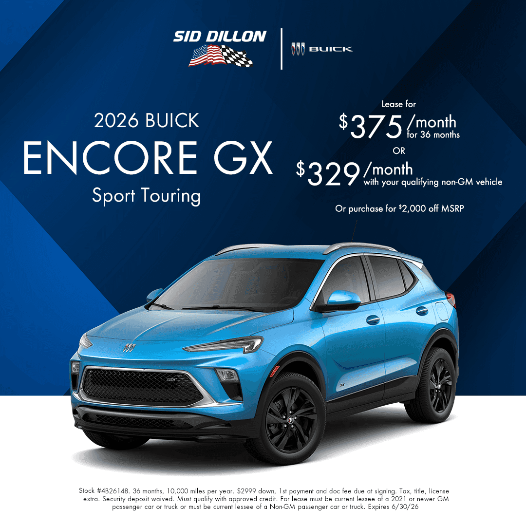 Sid Dillon Buick of Lincoln June offer for a 2026 Buick Encore GX Sport Touring with $375 per month lease or $2,000 off MSRP