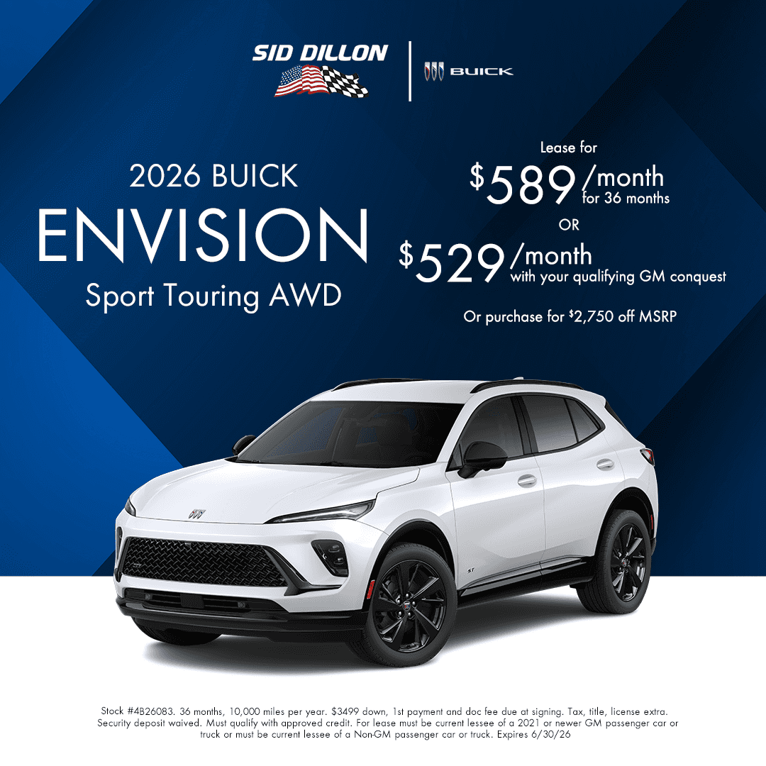 Sid Dillon Buick of Lincoln June offer for a 2026 Buick Envision Sport Touring AWD with $589 per month lease or $2,750 off MSRP