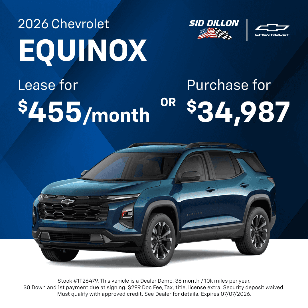 2026 Chevrolet Equinox June offer with $455 per month lease or $34,987 purchase price
